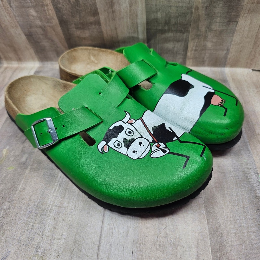 Birkenstock Boston Clogs Green Leather Cow Print Mules Mens 7 Womens 9 EU 40